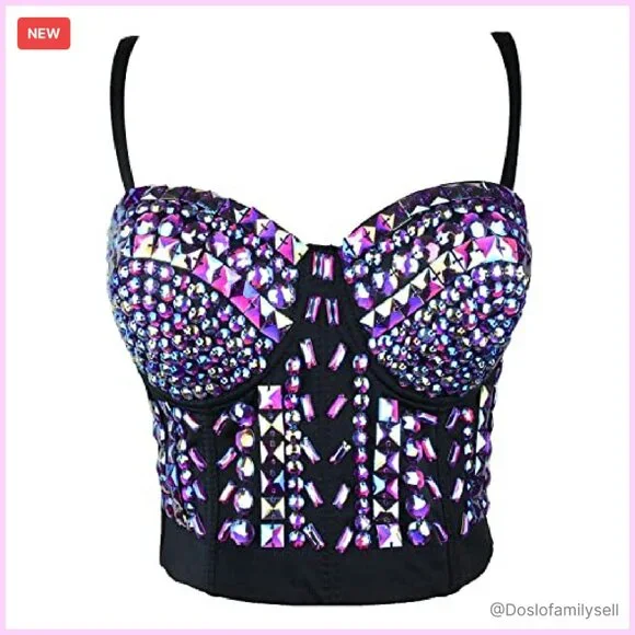 Sexy Rhinestone Bustier Crop Top Glitter Corset Clubwear Y2K Chic Adjustable